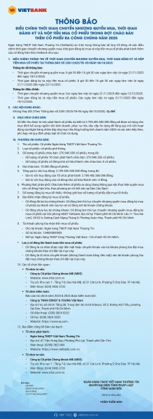 Vietbank thông báo điều chỉnh thời gian chuyển nhượng quyền mua, thời gian đăng ký và nộp tiền mua cổ phiếu phát hành thêm
